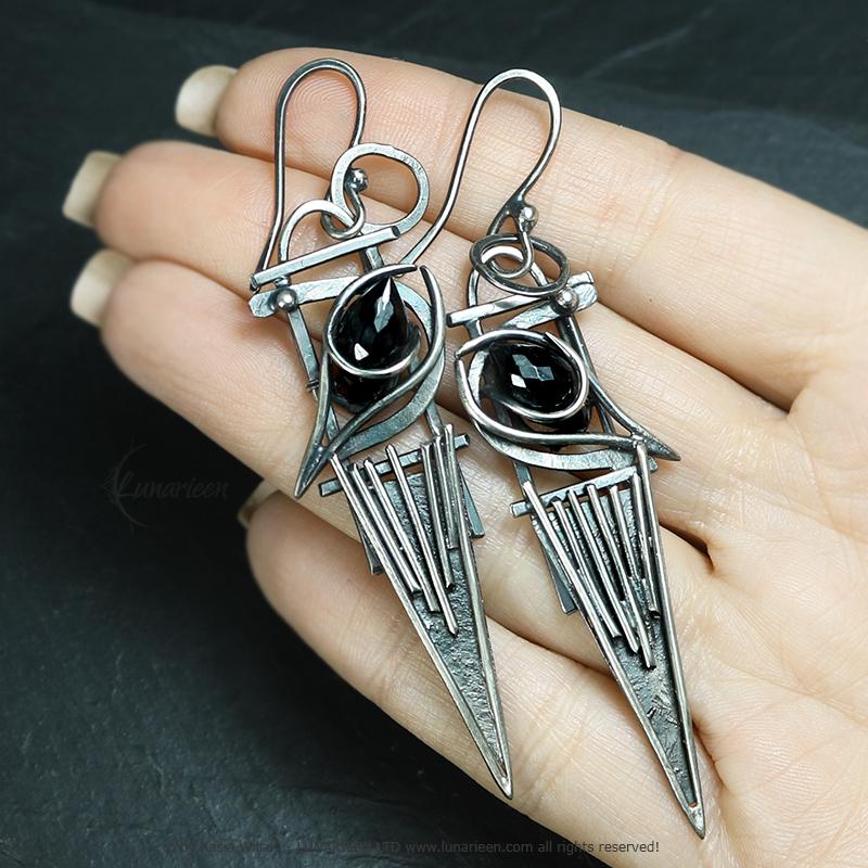 Handcrafted Rustic Brutalist Earrings Textured Modern Black Spinel Sterling Silver Gothic Trendy Jewelry Unique Gothic Witchy Gift for her