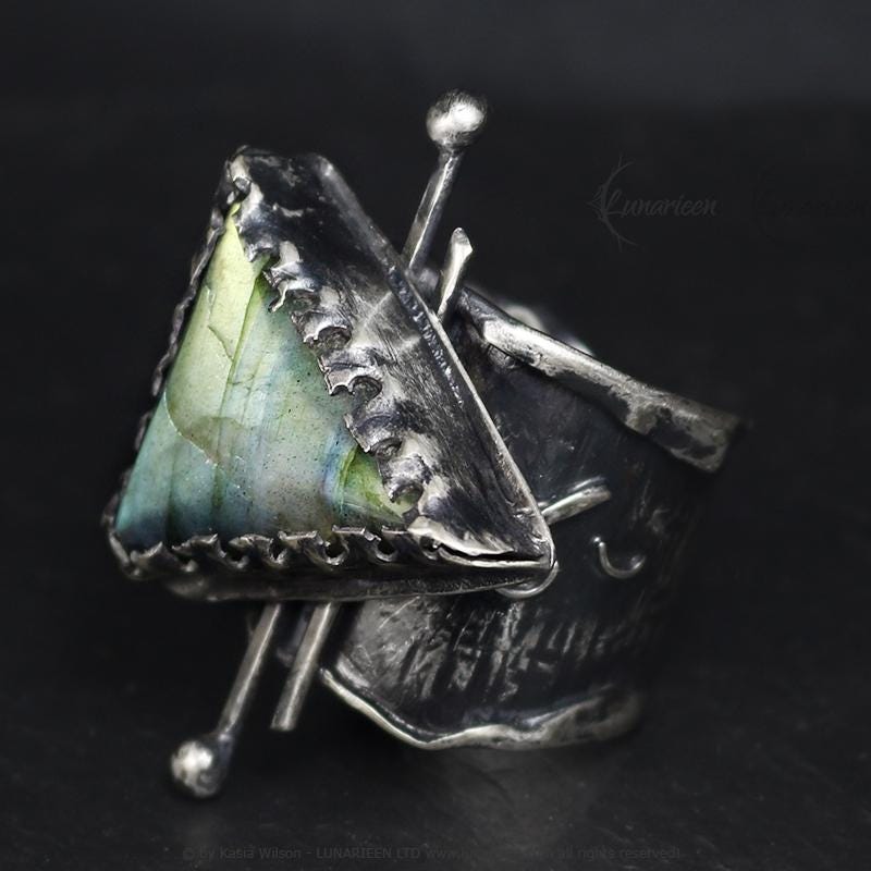 Textured Brutalist Style Ring Labradorite Artisan Jewelry Sterling Silver and Silver Plated Brass Gothic Cocktail Cross Modern Witchy Ring