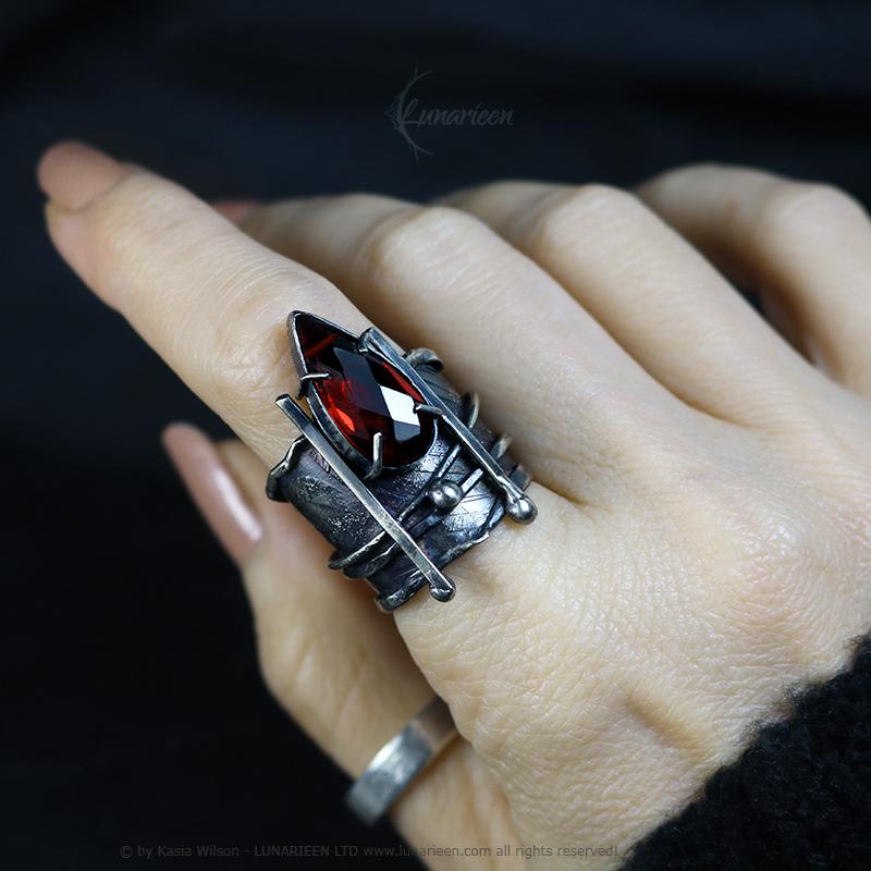 Textured Brutalist Style Ring Red Quartz Artisan Jewelry Sterling Silver and Silver Plated Brass Gothic Cocktail Modern Witchy Ring