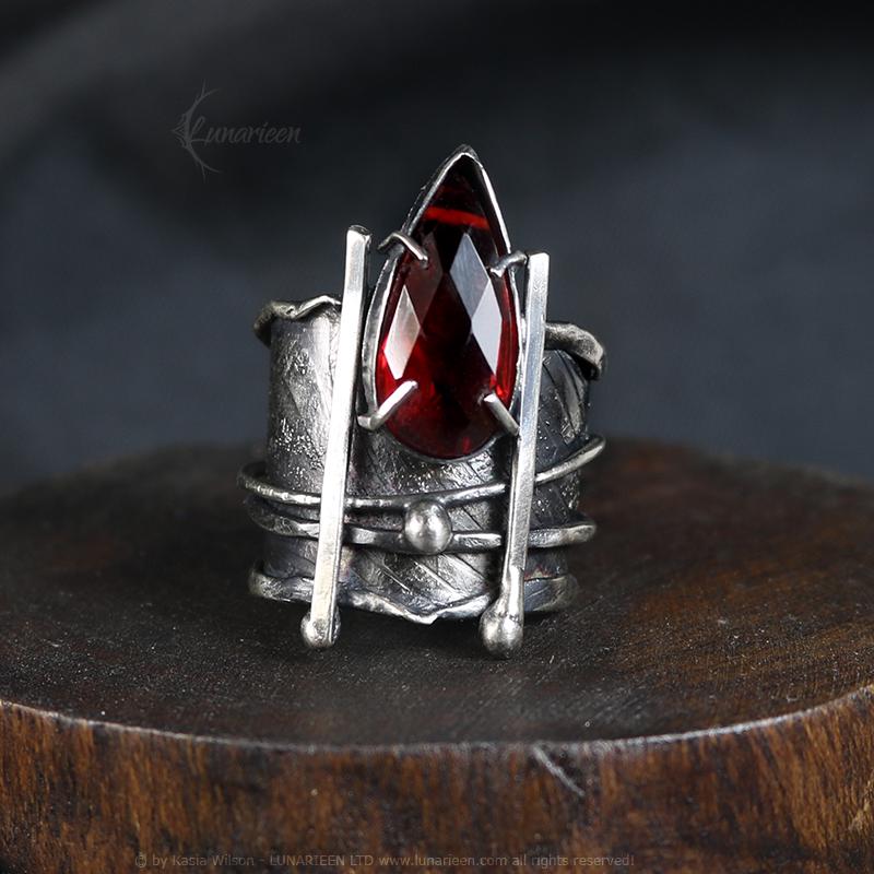 Textured Brutalist Style Ring Red Quartz Artisan Jewelry Sterling Silver and Silver Plated Brass Gothic Cocktail Modern Witchy Ring