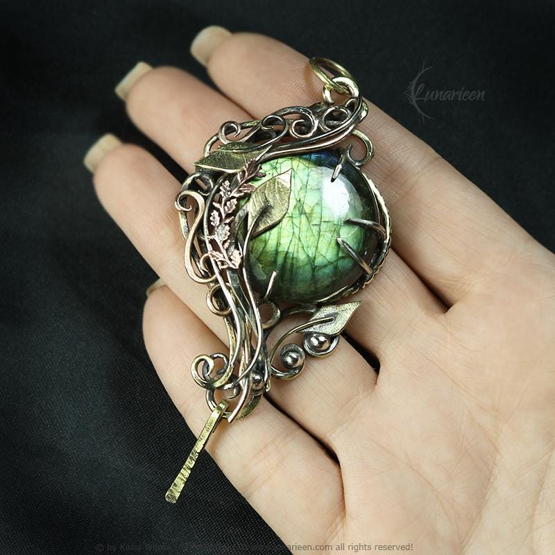 Brass Silver necklace Labradorite jewelry Elven Floral pendant fantasy elvish gothic witchy vampire fashion unique gift trendy jewellery