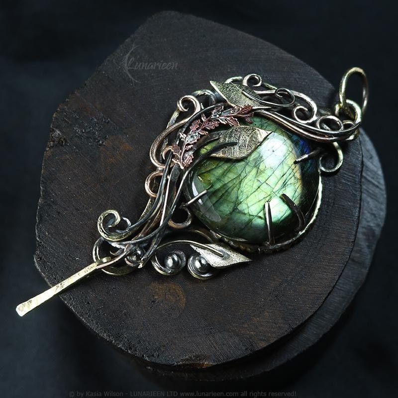 Brass Silver necklace Labradorite jewelry Elven Floral pendant fantasy elvish gothic witchy vampire fashion unique gift trendy jewellery