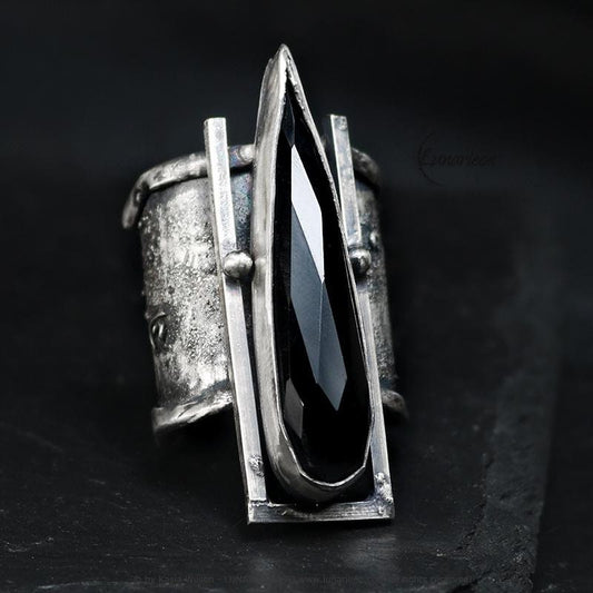 Handcrafted Brutalist Ring Textured Modern Black Onyx Artisan Jewelry Oxidized Sterling Silver Gothic Hammered Trendy Unique Statement Ring