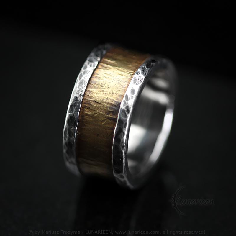 Handcrafted Rustic Fine Silver and Brass Ring Hammered Artisan Textured Oxidized Wedding Engagement Mens Band