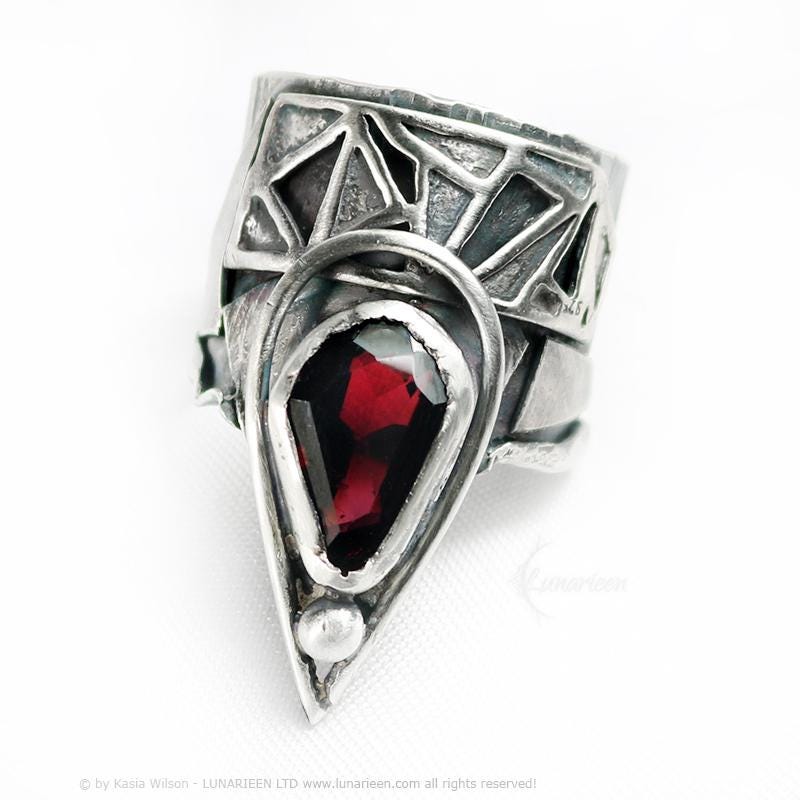 Handcrafted Brutalist Ring Textured Modern Garnet Artisan Jewelry Oxidized Sterling Silver Gothic Hammered Trendy Unique Statement Ring