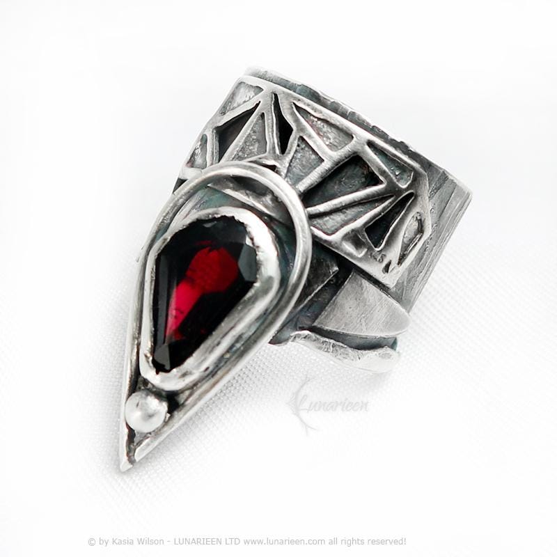 Handcrafted Brutalist Ring Textured Modern Garnet Artisan Jewelry Oxidized Sterling Silver Gothic Hammered Trendy Unique Statement Ring