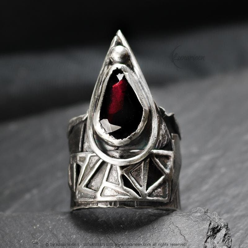 Handcrafted Brutalist Ring Textured Modern Garnet Artisan Jewelry Oxidized Sterling Silver Gothic Hammered Trendy Unique Statement Ring