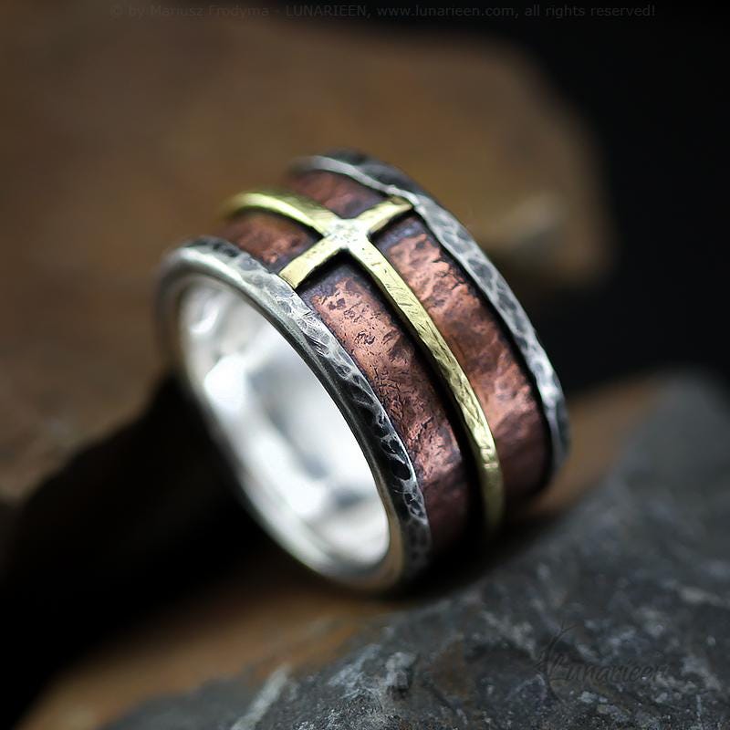 Handcrafted Rustic Fine Silver Brass Copper Cross Ring Hammered Artisan Textured Oxidized Wedding Engagement Mens Band