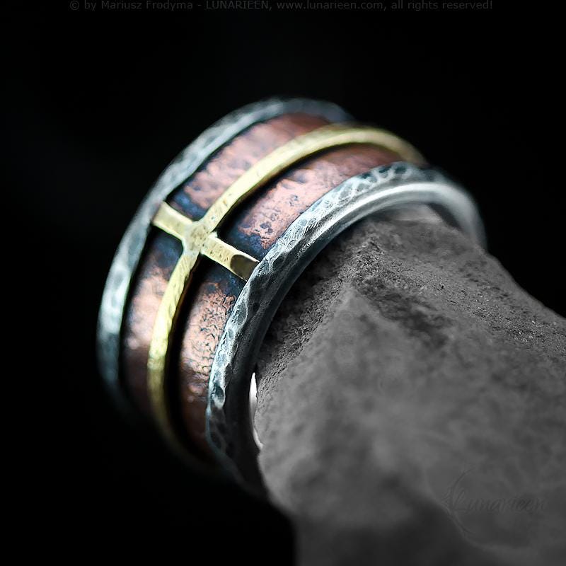 Handcrafted Rustic Fine Silver Brass Copper Cross Ring Hammered Artisan Textured Oxidized Wedding Engagement Mens Band