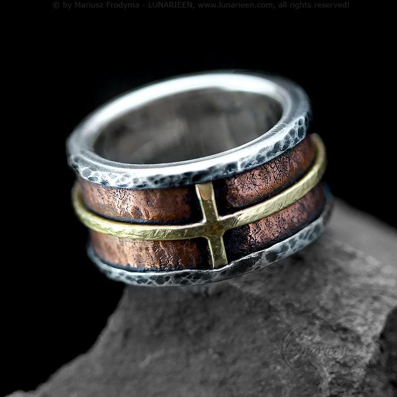 Handcrafted Rustic Fine Silver Brass Copper Cross Ring Hammered Artisan Textured Oxidized Wedding Engagement Mens Band