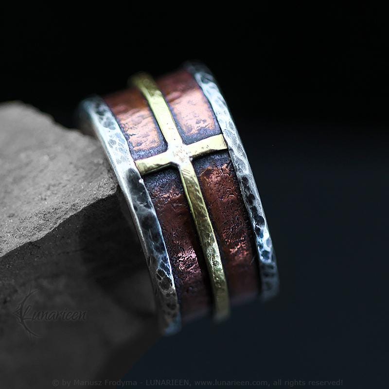 Handcrafted Rustic Fine Silver Brass Copper Cross Ring Hammered Artisan Textured Oxidized Wedding Engagement Mens Band