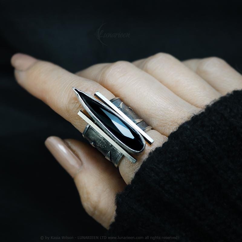 Handcrafted Brutalist Ring Textured Modern Black Onyx Artisan Jewelry Oxidized Sterling Silver Gothic Hammered Trendy Unique Statement Ring