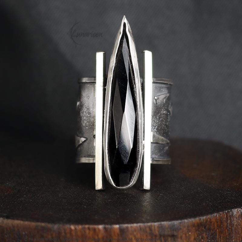 Handcrafted Brutalist Ring Textured Modern Black Onyx Artisan Jewelry Oxidized Sterling Silver Gothic Hammered Trendy Unique Statement Ring