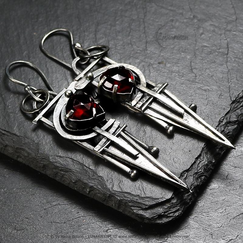 Handcrafted Rustic Brutalist Earrings Textured Modern Red Quartz Sterling Silver Gothic Trendy Jewelry Unique Gothic Witchy Gift for her