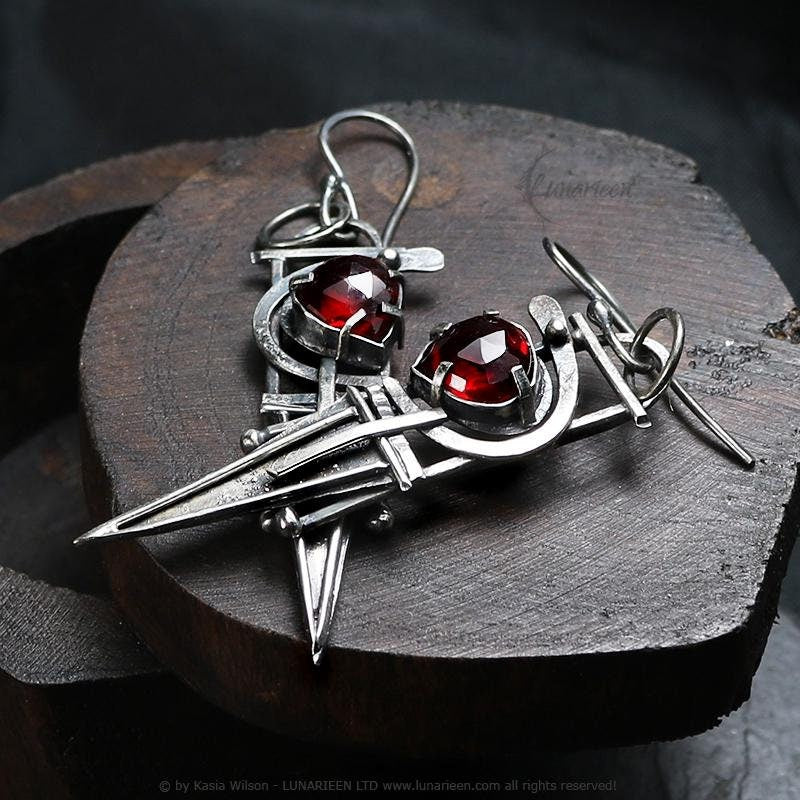 Handcrafted Rustic Brutalist Earrings Textured Modern Red Quartz Sterling Silver Gothic Trendy Jewelry Unique Gothic Witchy Gift for her