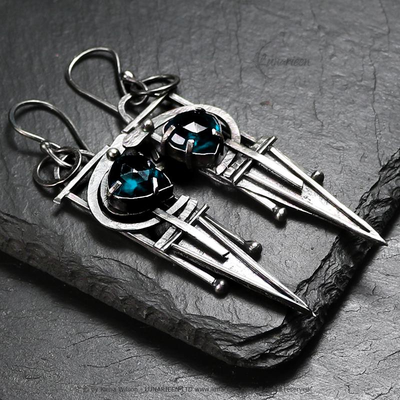 Handcrafted Rustic Brutalist Earrings Textured Modern Blue Quartz Sterling Silver Gothic Trendy Jewelry Unique Gothic Witchy Gift for her