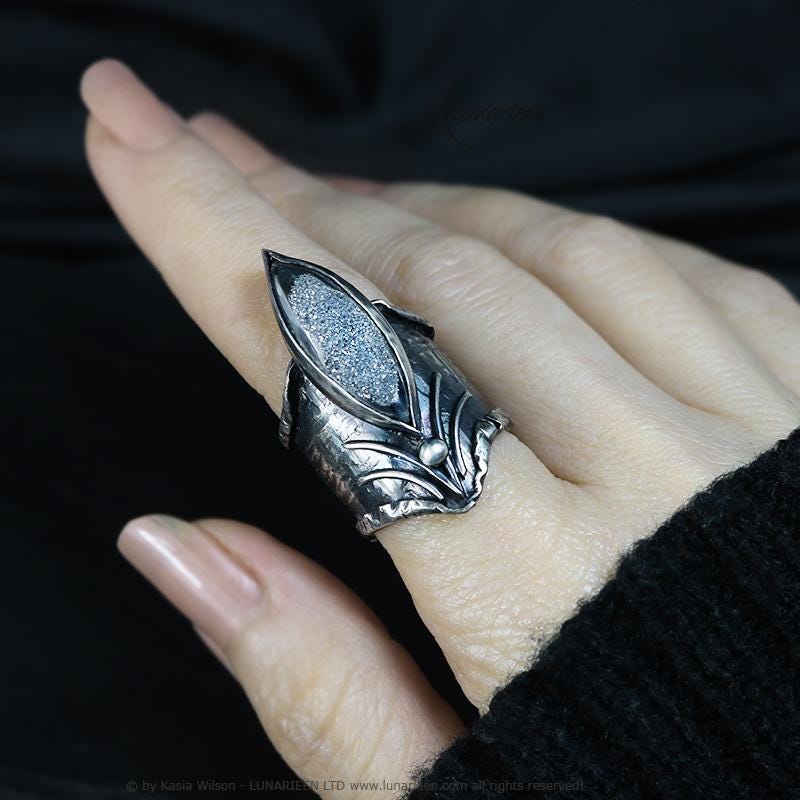 Textured Brutalist Style Ring Druzy Agate Artisan Jewelry Sterling Silver and Silver Plated Brass Gothic Cocktail Cross Modern Witchy Ring