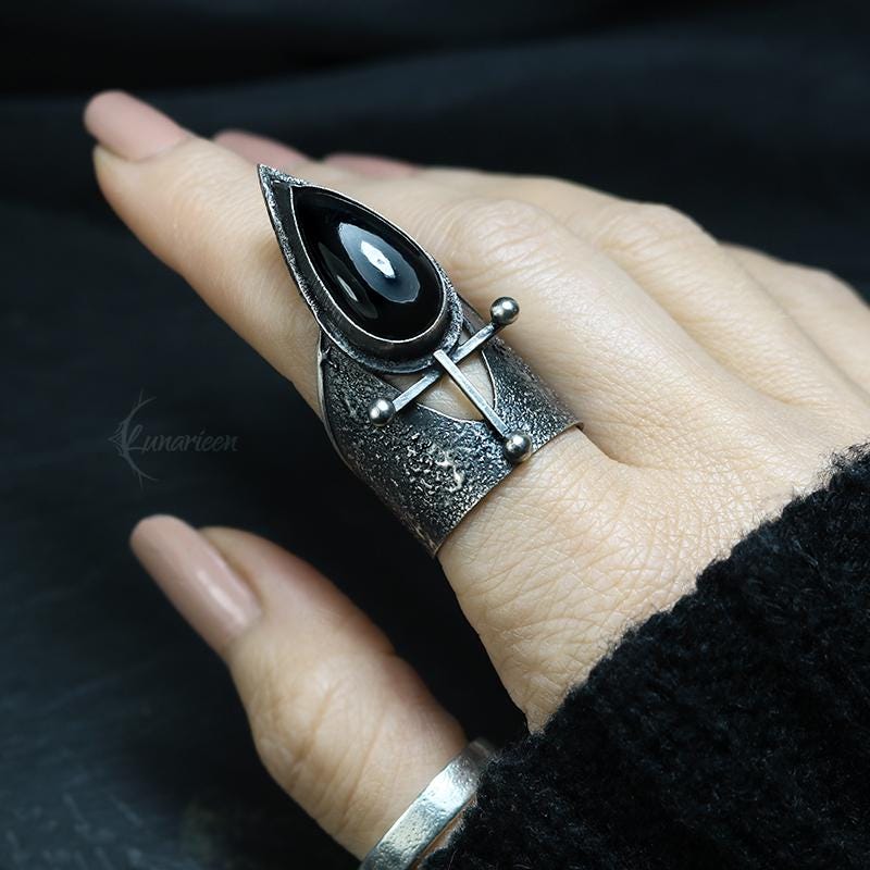 Handcrafted Rustic Brutalist Ring Textured Modern Natural Back Onyx Oxidized Sterling Silver Gothic Trendy Jewelry Unique Statement Ring