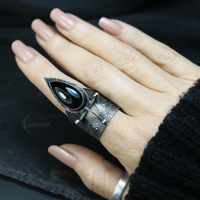 Handcrafted Rustic Brutalist Ring Textured Modern Natural Back Onyx Oxidized Sterling Silver Gothic Trendy Jewelry Unique Statement Ring