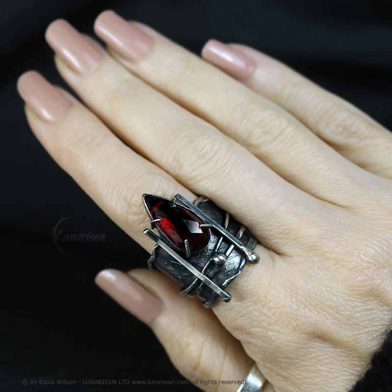 Textured Brutalist Style Ring Red Quartz Artisan Jewelry Sterling Silver and Silver Plated Brass Gothic Cocktail Modern Witchy Ring