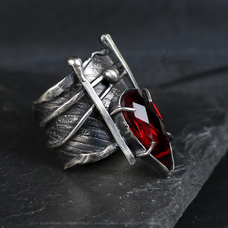 Textured Brutalist Style Ring Red Quartz Artisan Jewelry Sterling Silver and Silver Plated Brass Gothic Cocktail Modern Witchy Ring