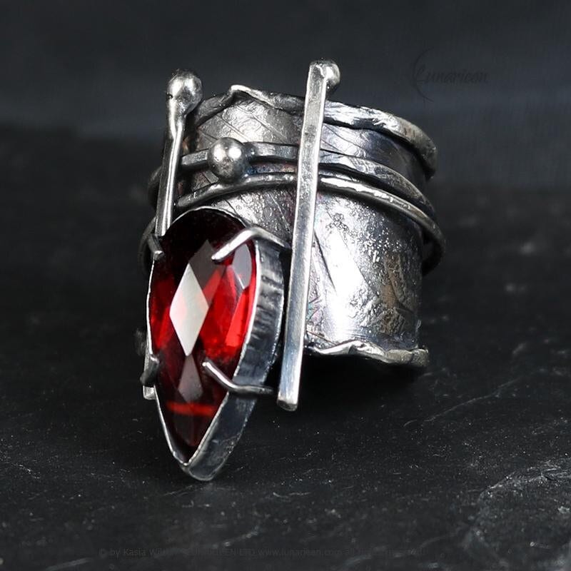 Textured Brutalist Style Ring Red Quartz Artisan Jewelry Sterling Silver and Silver Plated Brass Gothic Cocktail Modern Witchy Ring