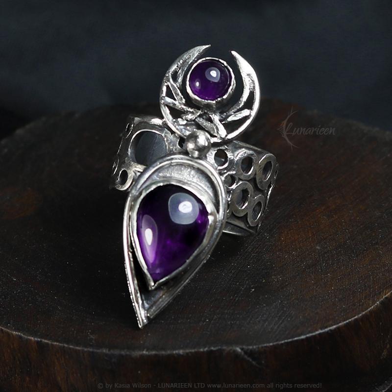 Handcrafted Gothic Brutalist Amethyst Ring Textured Modern Artisan Jewelry Sterling Silver Hammered Trendy Unique Statement Ring Unique Gift