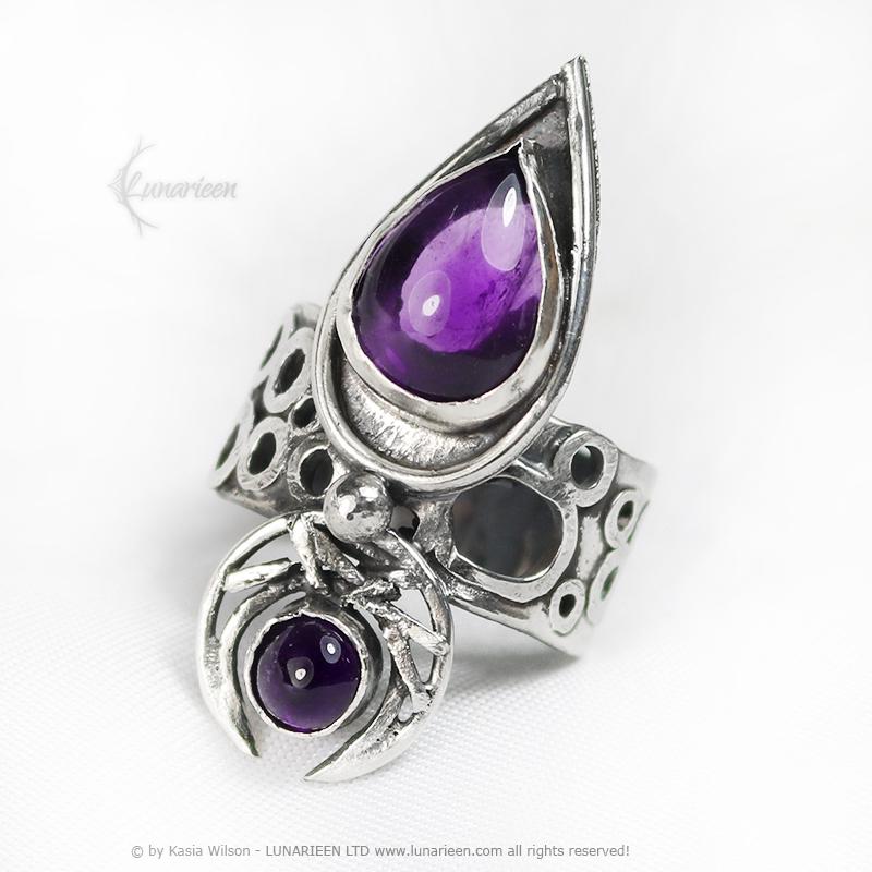 Handcrafted Gothic Brutalist Amethyst Ring Textured Modern Artisan Jewelry Sterling Silver Hammered Trendy Unique Statement Ring Unique Gift