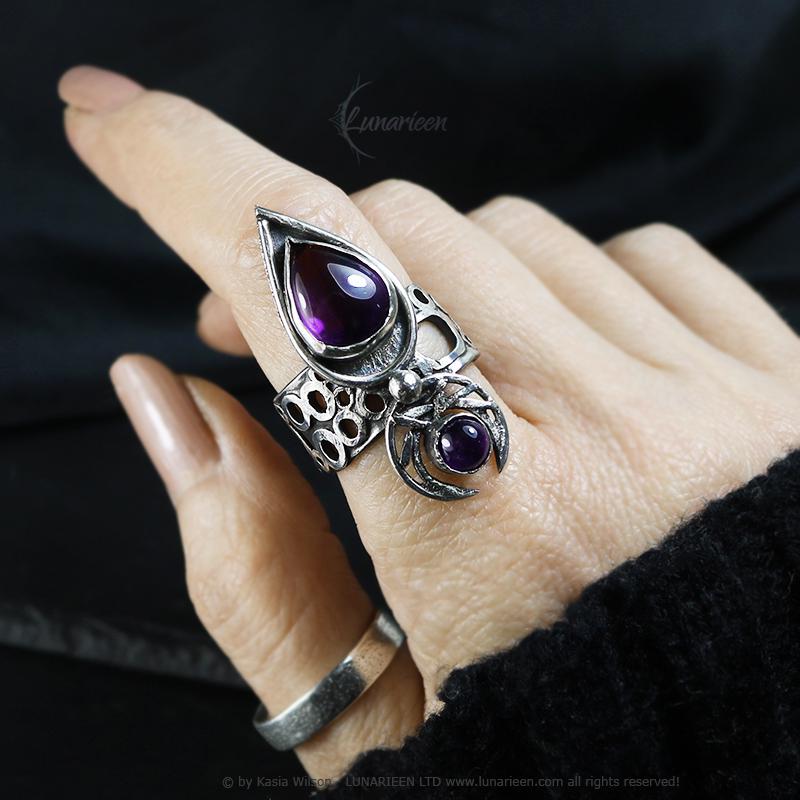 Handcrafted Gothic Brutalist Amethyst Ring Textured Modern Artisan Jewelry Sterling Silver Hammered Trendy Unique Statement Ring Unique Gift