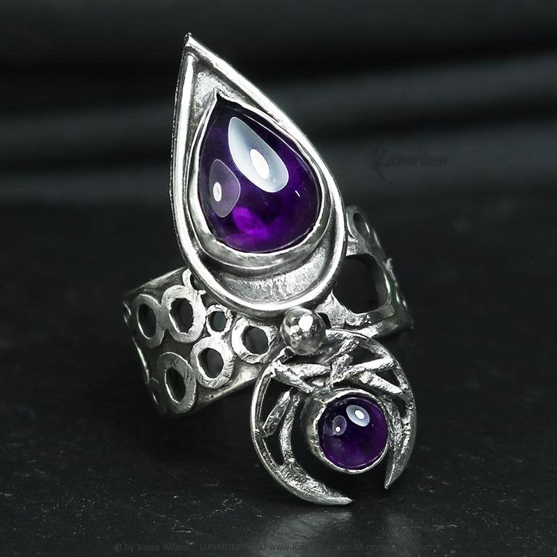 Handcrafted Gothic Brutalist Amethyst Ring Textured Modern Artisan Jewelry Sterling Silver Hammered Trendy Unique Statement Ring Unique Gift