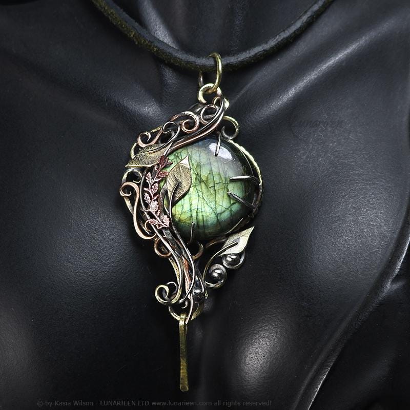 Brass Silver necklace Labradorite jewelry Elven Floral pendant fantasy elvish gothic witchy vampire fashion unique gift trendy jewellery