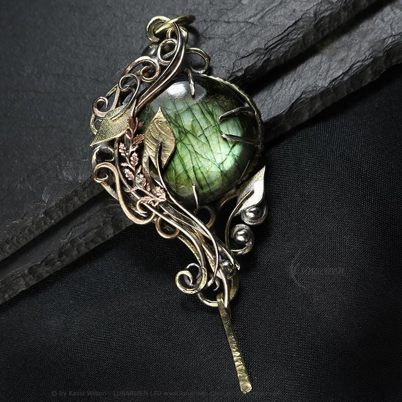 Brass Silver necklace Labradorite jewelry Elven Floral pendant fantasy elvish gothic witchy vampire fashion unique gift trendy jewellery