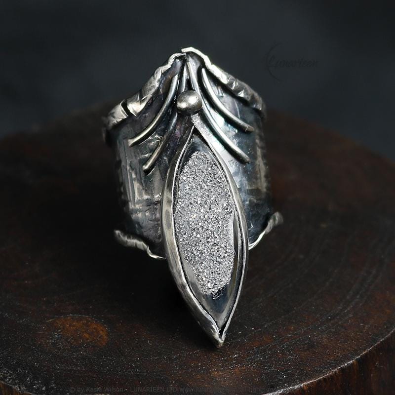 Textured Brutalist Style Ring Druzy Agate Artisan Jewelry Sterling Silver and Silver Plated Brass Gothic Cocktail Cross Modern Witchy Ring