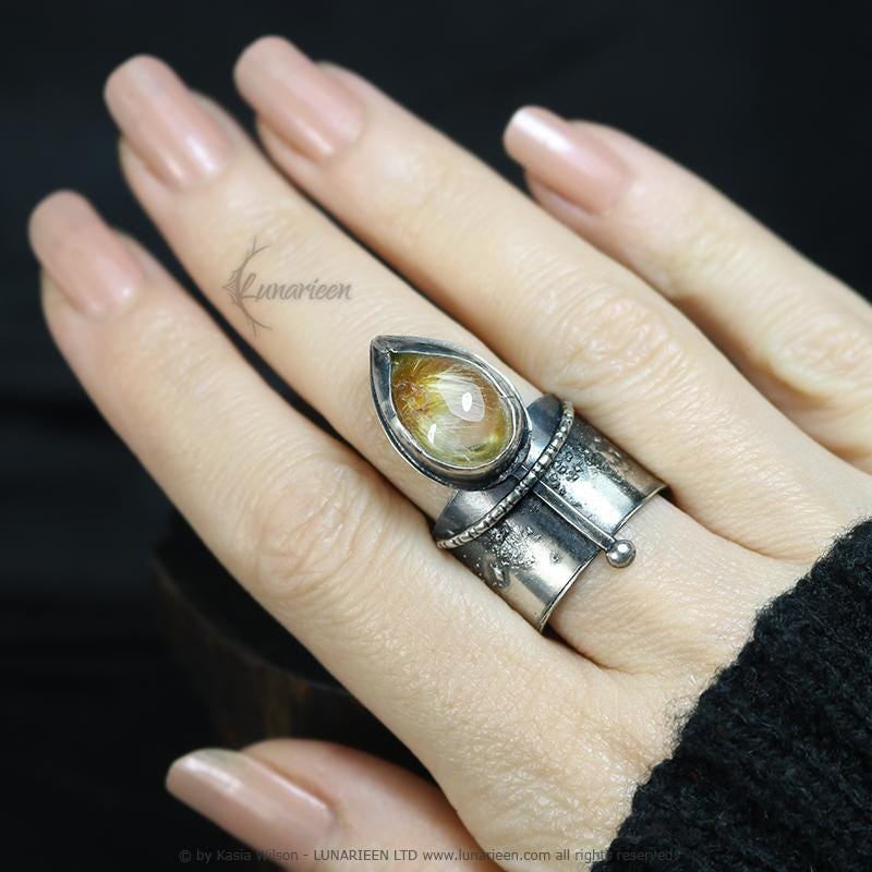 Textured Brutalist Style Ring Rutile Quartz Artisan Jewelry Sterling Silver and Silver Plated Brass Gothic Cocktail Cross Modern Witchy Ring