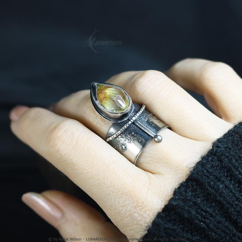 Textured Brutalist Style Ring Rutile Quartz Artisan Jewelry Sterling Silver and Silver Plated Brass Gothic Cocktail Cross Modern Witchy Ring