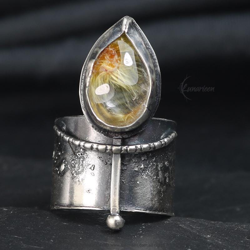 Textured Brutalist Style Ring Rutile Quartz Artisan Jewelry Sterling Silver and Silver Plated Brass Gothic Cocktail Cross Modern Witchy Ring