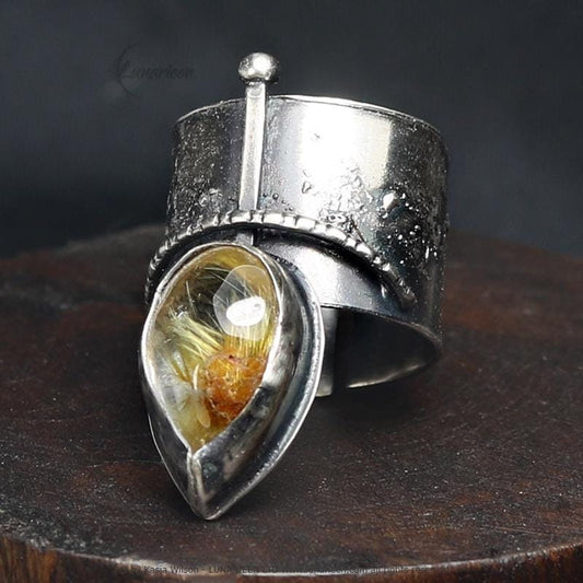 Textured Brutalist Style Ring Rutile Quartz Artisan Jewelry Sterling Silver and Silver Plated Brass Gothic Cocktail Cross Modern Witchy Ring