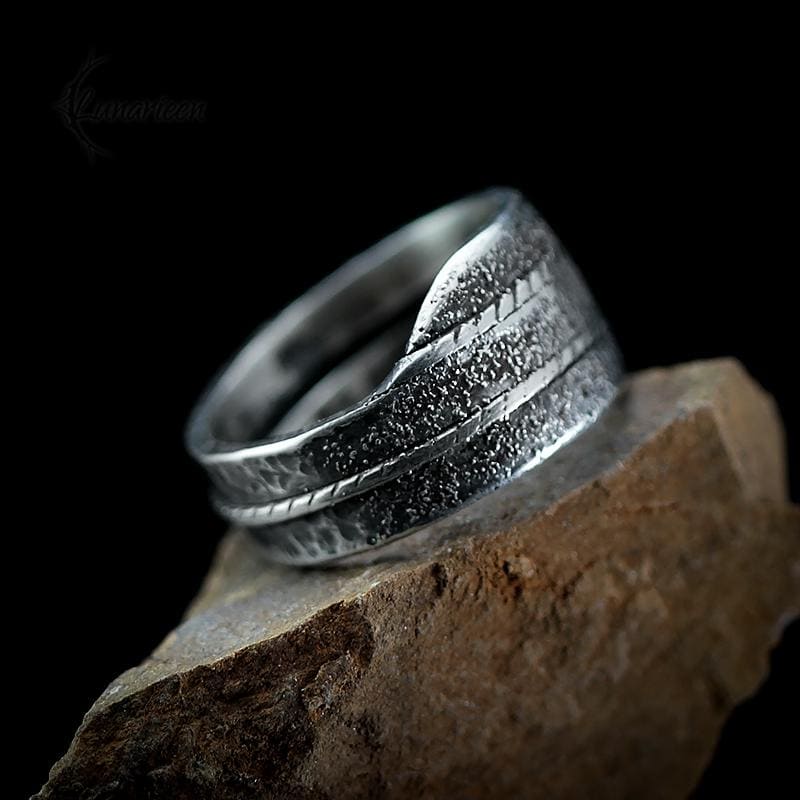 Handcrafted Rustic Sterling Silver Brutalist Style Rugged Fancy Oxidized Promise Hand-Forged Engagement Ring Mens Hammered Band Ring