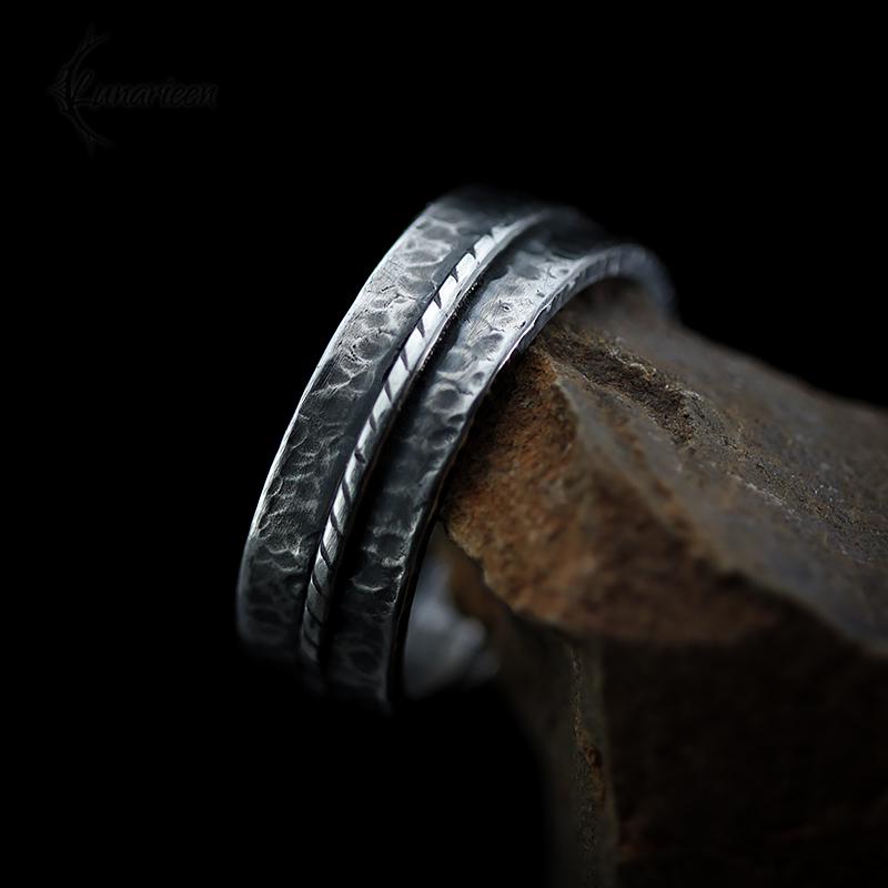 Handcrafted Rustic Sterling Silver Brutalist Style Rugged Fancy Oxidized Promise Hand-Forged Engagement Ring Mens Hammered Band Ring