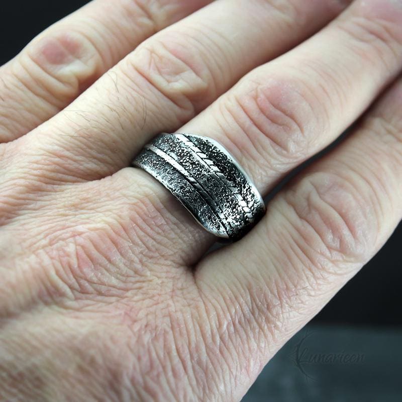 Handcrafted Rustic Sterling Silver Brutalist Style Rugged Fancy Oxidized Promise Hand-Forged Engagement Ring Mens Hammered Band Ring