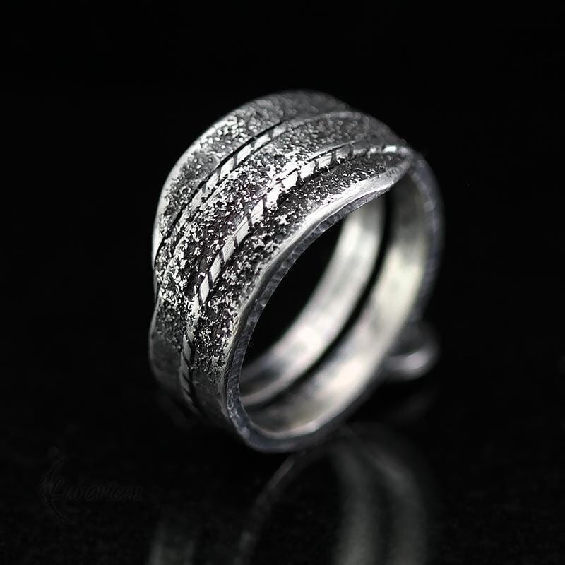 Handcrafted Rustic Sterling Silver Brutalist Style Rugged Fancy Oxidized Promise Hand-Forged Engagement Ring Mens Hammered Band Ring