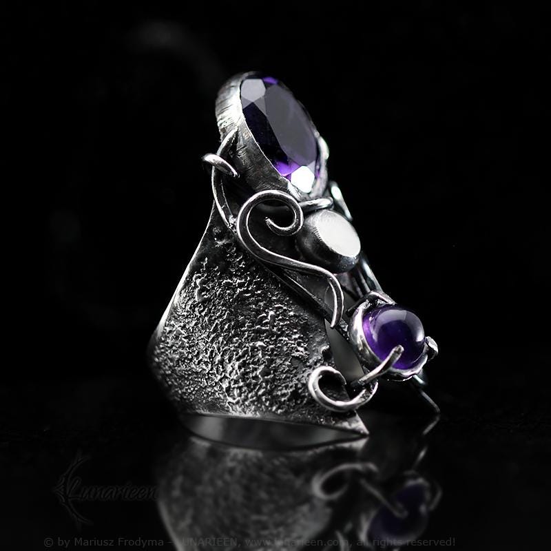 Handcrafted Oxidized Sterling Silver Amethyst Ring: Gothic Brutalist Jewelry