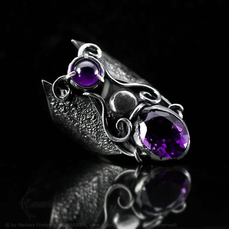 Handcrafted Rustic Gothic Ring Textured Natural Purple Amethyst Oxidized Sterling Silver Brutalist Trendy Jewelry Unique Statement Ring