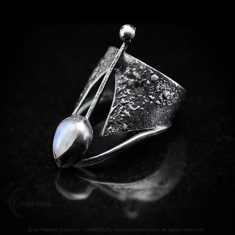 Handcrafted Rustic Brutalist Ring Textured Modern Faceted Rainbow Moonstone Oxidized Sterling Silver Gothic Jewelry Unique Statement Ring