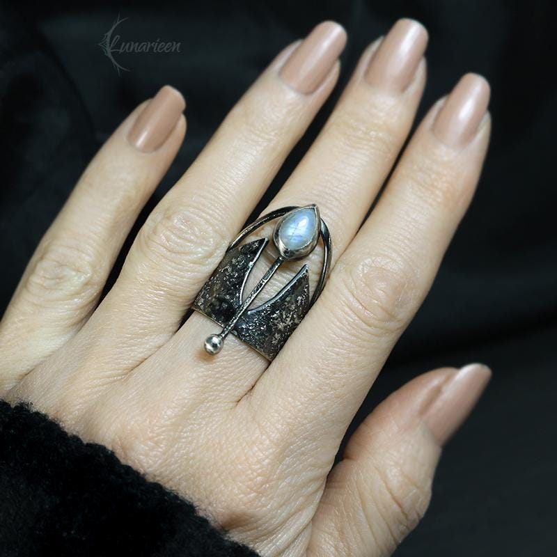 Handcrafted Rustic Brutalist Ring Textured Modern Faceted Rainbow Moonstone Oxidized Sterling Silver Gothic Jewelry Unique Statement Ring