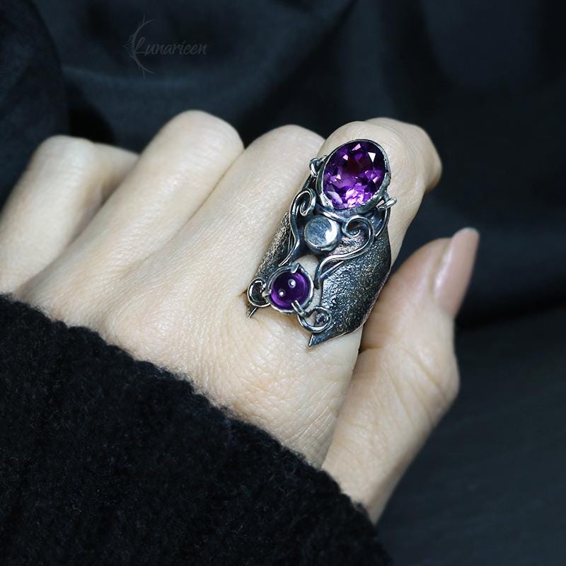 Handcrafted Rustic Gothic Ring Textured Natural Purple Amethyst Oxidized Sterling Silver Brutalist Trendy Jewelry Unique Statement Ring