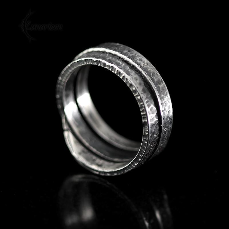 Handcrafted Rustic Sterling Silver Brutalist Style Rugged Fancy Oxidized Promise Hand-Forged Engagement Ring Mens Hammered Band Ring