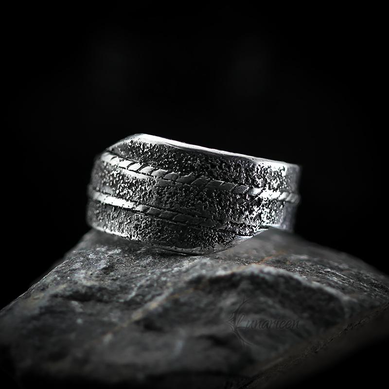 Handcrafted Rustic Sterling Silver Brutalist Style Rugged Fancy Oxidized Promise Hand-Forged Engagement Ring Mens Hammered Band Ring