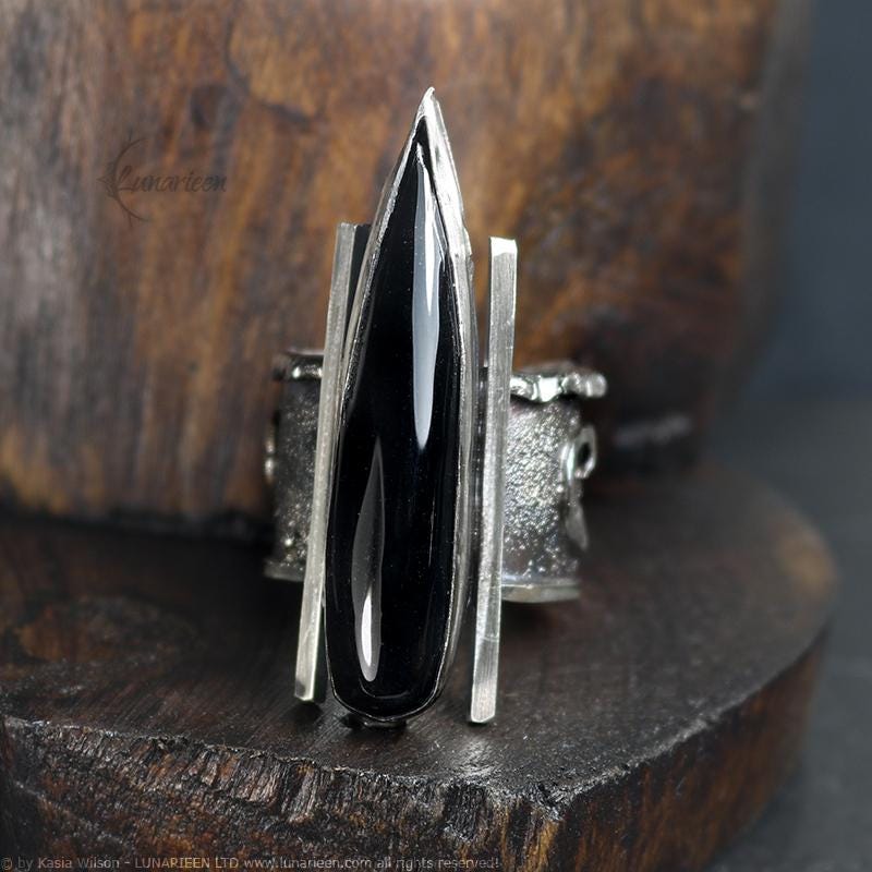 Handcrafted Brutalist Ring Textured Modern Black Onyx Artisan Jewelry Oxidized Sterling Silver Gothic Witchy Trendy Unique Statement Ring