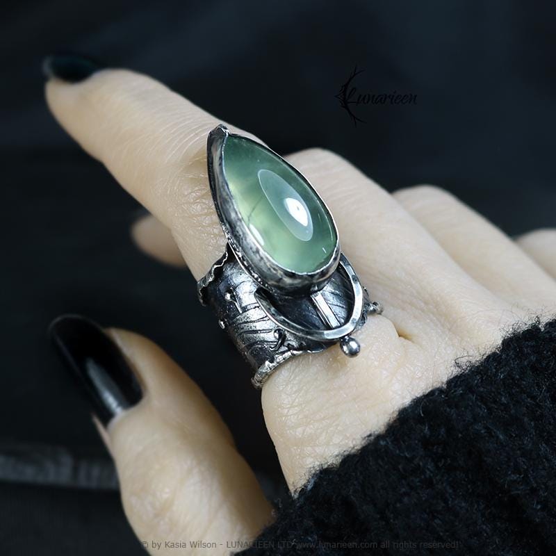 Mix Metal Brutalist Style Ring Prehnite Artisan Jewelry Sterling Silver and Silver Plated Brass Gothic Hammered Witchy Statement Ring